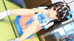 1girl adachi_tenka black_hair blue_bow blue_skirt bobby_socks bow censored closed_mouth collarbone cum cum_on_body cum_on_clothes cum_on_hair cum_on_legs dutch_angle facial flat_chest game_cg hair_bow highres indoors knees_up long_hair miniskirt mosaic_censoring no_shoes non-web_source nonohara_miki one_side_up panties pink_panties pleated_skirt red_eyes sailor_collar sailor_shirt shirt shirt_bow short_sleeves shoujo_ramune sitting skirt socks solo tatami underwear white_sailor_collar white_socks