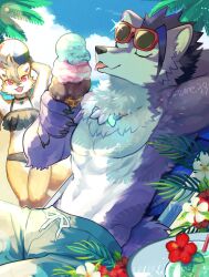 1boy 1girl aizawa_(nh_st) arm_behind_head ball beach beachball black_hair body_fur claws closed_eyes commentary_request fox_girl furry furry_female furry_male highres holding holding_ball holding_beachball holding_ice_cream_cone ice_cream_cone jewelry male_focus male_swimwear necklace original outdoors palm_tree purple_fur short_hair sunglasses swim_trunks tail toned toned_male tongue tongue_out tree wolf_boy