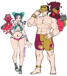 1boy 1girl abs absurdres adjusting_clothes adjusting_headwear anklet aqua_bikini aqua_eyeshadow aqua_lips arm_tattoo bare_shoulders barefoot bikini black_hair blue_bikini bracelet braid braided_ponytail breasts brooch bun_with_braided_base butterfly_tattoo cleavage criss-cross_halter cropped_vest double_bun eyelashes eyeshadow father_and_daughter fingernails full_body gold_anklet gold_ring green_hair hair_bun half-closed_eyes halterneck hand_on_headwear hand_on_own_hip hand_up hat hat_over_one_eye heart heart-shaped_hair highres jewelry jojo_no_kimyou_na_bouken kuujou_jolyne large_breasts light_frown lipstick looking_at_viewer makeup male_swimwear multicolored_bikini multicolored_hair multiple_rings muscular muscular_male nail_polish navel_piercing open_clothes open_vest piercing print_bikini print_hat print_headwear purple-tinted_eyewear purple_bikini purple_eyes purple_nails red_male_swimwear red_swim_trunks ring sandals short_hair simple_background smile stand_(jojo) standing star_(symbol) star_brooch star_piercing star_platinum stone_free stone_ocean sunglasses swim_trunks swimsuit tattoo tinted_eyewear toenail_polish toenails topless_male two-tone_hair two-tone_male_swimwear unraveling vest visor_cap wanderjegson white_background white_vest wristband yellow_male_swimwear yellow_swim_trunks