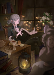 1girl absurdres ascot black_boots black_coat black_pants book book_stack bookshelf boots cake cake_slice chair city_lights closed_mouth coat collared_shirt crossed_legs cup feet_out_of_frame fire flower fogged_glasses food grey_eyes grey_hair hair_bun highres holding holding_book indoors lantern lune_(illust_lune) night night_sky on_chair open_book pants plate pocket_watch reading reflection reverse:1999 shirt single_side_bun sitting sky smile solo statue table teacup teapot vase vertin_(reverse:1999) watch white_ascot white_flower white_shirt window