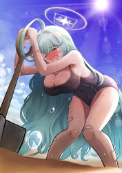 absurdly_long_hair absurdres ahoge aqua_hair bandaid bandaid_on_leg bandaid_on_thigh beach black_one-piece_swimsuit blue_archive blush breasts cleavage commentary_request competition_school_swimsuit covered_navel crying day drawing_rak halo highres huge_ahoge knees_together_feet_apart large_breasts long_hair one-piece_swimsuit open_mouth outdoors school_swimsuit shovel standing sun swimsuit tears thighs very_long_hair wet white_halo yume_(blue_archive)