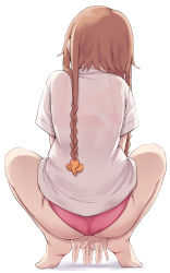 1girl absurdres ass barefoot bra bra_visible_through_clothes braid brown_hair from_behind hair_ornament highres kantai_collection kiritto long_hair no_pants panties propeller_hair_ornament red_bra red_panties see-through_clothes see-through_shirt shirt short_sleeves simple_background soles solo squatting teruzuki_(kancolle) twin_braids underwear white_background white_shirt