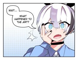 1boy ^^^ aki_(sketchkun) black_choker black_nails black_streaks blue_eyes blue_shirt border bright_pupils choker commentary double-parted_bangs english_commentary english_text fang genderswap genderswap_(ftm) hair_between_eyes hand_on_own_cheek hand_on_own_face hand_up highres long_sleeves looking_at_viewer male_focus merryweather multicolored_hair open_mouth original sally_sinclair shirt short_hair simple_background solo speech_bubble streaked_hair talking white_border white_hair white_pupils