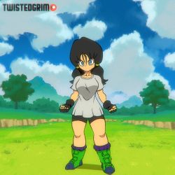 Rule 34 | 1girl, animated, bike shorts, black gloves, blue eyes, blue sky, boots, cloud, collarbone, day, dragon ball, dragonball z, female focus, fingerless gloves, floating, gloves, grass, huge filesize, looking at viewer, low twintails, navel, purple sports bra, serious, shirt, sky, solo, sports bra, stomach, tree, twintails, twistedgrim, v-shaped eyebrows, videl, white shirt, wind, wind lift