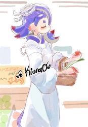1girl apron artist_name basket blue_hair blush closed_eyes colored_tips commentary_request earrings elbow_carry hair_bun hair_over_one_eye hairband highres holding holding_basket japanese_clothes jewelry kappougi kiora06 long_hair multicolored_hair multiple_earrings nintendo red_hair shiver_(splatoon) shopping shopping_basket short_eyebrows solo splatoon_(series) splatoon_3 spring_onion tentacle_hair thick_eyebrows tooth_earrings two-tone_hair watermark white_apron white_background white_hairband