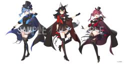 3girls absurdres animal_ear_fluff animal_ears black_boots black_gloves black_hair black_hat black_thighhighs blue_hair boots breasts cape card cleavage closed_mouth full_body gloves hat heterochromia high_heel_boots high_heels highres holding holding_card hololive hoshimachi_suisei houshou_marine long_hair looking_at_viewer multiple_girls official_art ookami_mio open_mouth red_hair sample_watermark short_sleeves short_twintails side_ponytail simple_background smile standing standing_on_one_leg tail thigh_boots thighhighs thighhighs_under_boots top_hat twintails virtual_youtuber watermark white_background wolf_ears wolf_girl wolf_tail yu-ri_(arium047)