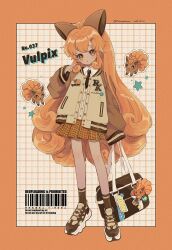 1girl bag blush bow character_charm character_name charm_(object) cosplay creature_and_personification dated english_text full_body gen_1_pokemon hair_ornament hairclip highres holding holding_bag jacket letterman_jacket long_hair long_sleeves looking_at_viewer narumame necktie nintendo open_mouth orange_eyes orange_hair personification poke_ball pokedex_number pokemon pokemon_(creature) shoes skirt sneakers standing star_(symbol) vulpix vulpix_(cosplay) watermark