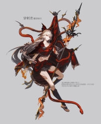 1girl bow cosplay elden_ring elden_ring:_shadow_of_the_erdtree fire fujiwara_no_mokou full_body grey_hair hair_bow highres holding holding_polearm holding_weapon kumatangent long_hair messmer_the_impaler messmer_the_impaler_(cosplay) polearm red_eyes red_snake robe sandals shin_guards snake solo toes touhou very_long_hair weapon