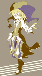 1boy baggy_pants blonde_hair boots brown_boots brown_pants brown_vest closed_mouth clown_(ragnarok_online) collared_shirt commentary_request crescent crescent_hat_ornament doroidsan full_body hat hat_ornament jester_cap long_sleeves looking_at_viewer male_focus pants purple_hat purple_pants ragnarok_online shirt short_hair smile solo star_(symbol) star_hat_ornament two-tone_pants vest white_shirt yellow_eyes