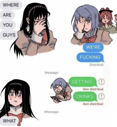 Rule 34 | akemi homura, black bow, black hair, blue eyes, blue hair, blush, bow, closed eyes, grey eyes, hair bow, hairband, hand over eye, highres, long hair, looking at viewer, mahou shoujo madoka magica, meme, mermaidcandle, miki sayaka, mitakihara school uniform, multiple views, red hair, sakura kyoko, school uniform, short hair, sweatdrop, text messaging