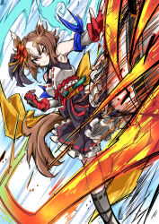 1girl animal_ears black_boots black_shirt black_skirt boots brown_eyes brown_hair fingerless_gloves foreshortening frilled_skirt frills gloves hair_ornament horse_girl japanese_clothes kicking looking_at_viewer medium_skirt motion_blur multicolored_hair nodachi_(nodati51) obi red_gloves sash shirt short_hair skirt sleeveless sleeveless_shirt solo standing two-tone_hair umamusume white_hair yaeno_muteki_(umamusume)