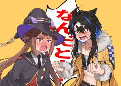 2girls anger_vein angry animal_ears bandeau black_bandeau black_hair black_hat black_necktie black_robe black_tube_top blue_hair blunt_bangs bow braid braided_hair_rings brown_hair clenched_hands coat collarbone commentary ears_back ears_down flat_chest fukuro_(maruaru00) fur-trimmed_coat fur-trimmed_hood fur-trimmed_sleeves fur_trim genderswap genderswap_(mtf) gold_trim groin hair_rings hat hat_bow heart&#039;s_cry_(racehorse) highres hood hood_down horse_ears horse_girl long_hair midriff multicolored_hair multiple_girls navel necktie original personification purple_eyes purple_hat robe short_hair_with_long_locks shouting speech_bubble strapless streaked_hair sweatdrop sweep_tosho_(umamusume) toned toned_female translated tube_top twintails umamusume white_hair witch_hat yellow_background zipper