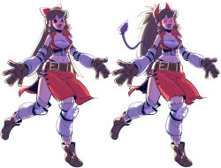 1girl :d belt black_eyes boots bow breasts brown_belt brown_boots brown_gloves brown_hair chest_sarashi cookie_(touhou) crop_top demon_girl demon_horns demon_tail detached_sleeves empty_eyes fang full_body gloves grey_sleeves hair_bow hair_tubes hakurei_reimu highleg highleg_panties highres horns large_breasts leg_warmers long_hair looking_at_viewer midriff multiple_views navel noel_(cookie) open_mouth panties red_bow red_eyes red_horns red_shirt red_skirt sarashi shirt simple_background skin_fang skirt skirt_set sleeveless sleeveless_shirt smile standing standing_on_one_leg tail touhou ukiwagirl underwear white_background