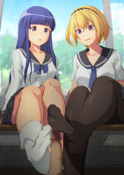 1boy 2girls black_pantyhose black_sailor_collar black_skirt blonde_hair blue_bow blue_bowtie blue_hair blue_neckerchief bow bowtie censored cooperative_footjob desk ffm_threesome footjob furude_rika group_sex hetero highres higurashi_no_naku_koro_ni higurashi_no_naku_koro_ni_gou houjou_satoko indoors long_hair mosaic_censoring multiple_girls neckerchief ocza on_desk pantyhose parted_lips penis purple_eyes sailor_collar school_desk school_uniform serafuku short_hair sitting skirt socks teamwork_(sexual) threesome white_socks window