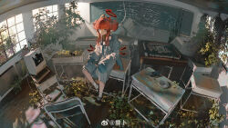 1girl absurdres bird blue_eyes board_eraser chair chalk chalkboard classroom commentary_request desk double_bun eraser grey_serafuku hair_bun halo handheld_game_console highres indoors computer_keyboard leaf long_hair monitor moss on_desk original overgrown plant playing_games pointy_ears red_hair red_halo school school_chair school_desk school_uniform serafuku sidelocks sitting solo sticky_note toto_(caaaaarrot) toy_car wide_sleeves window wooden_floor