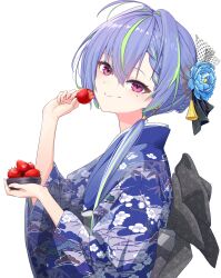 1girl 2025 absurdres alternate_costume blue_flower blue_hair blue_kimono blush bowl closed_mouth commentary_request floral_print floral_print_kimono flower food fruit green_hair hair_flower hair_intakes hair_ornament highres holding holding_bowl japanese_clothes kimono long_sleeves looking_at_viewer looking_to_the_side mole mole_under_eye multicolored_hair nanashi_inc. ougimaneki pink_eyes print_kimono short_hair smile solo strawberry suzumi_nemo tassel tassel_hair_ornament transparent_background two-tone_hair upper_body variant_set virtual_youtuber wide_sleeves yukata