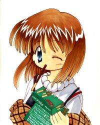 1girl 2000s_(style) bad_id blue_eyes blush brown_hair brown_jacket closed_mouth colored_pencil_(medium) food food_in_mouth jacket kanon looking_at_viewer medium_hair misaka_shiori one_eye_closed plaid_clothes plaid_jacket pocky pocky_in_mouth shirt simple_background solo sou_ryuu traditional_media upper_body white_background white_shirt wings