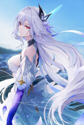 Rule 34 | 1girl, bare shoulders, blue sky, blurry, blurry background, breasts, dress, floating hair, genshin impact, grey hair, highres, large breasts, long hair, looking at viewer, marumoru, outdoors, parted lips, prosthesis, prosthetic arm, red eyes, skirk (genshin impact), sky, solo, very long hair, white dress