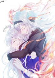 2girls bead_bracelet beads black_gloves black_hairband black_jacket black_necktie black_ribbon bracelet closed_eyes collar collared_shirt crying dress fire firefly_(honkai:_star_rail) firefly_(jepella_rebellion)_(honkai:_star_rail) gloves grey_hair hair_between_eyes hair_intakes hair_ornament hair_ribbon hairband halo head_wings highres honkai:_star_rail honkai_(series) hug hug_from_behind interlocked_fingers jacket jewelry multiple_girls necktie open_mouth praying purple_collar purple_dress purple_sleeves qingsi ribbon robin_(honkai:_star_rail) shirt simple_background single_glove strapless strapless_dress streaming_tears tears white_background white_gloves white_shirt white_wings wings yellow_halo
