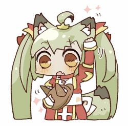 Rule 34 | 1girl, ahoge, animal ears, blush, chibi, chibi only, commentary request, cowboy shot, dress, fang, fox ears, fox girl, fox tail, green hair, high priest (ragnarok online), juliet sleeves, long sleeves, looking down, lowres, open mouth, puffy sleeves, ragnarok masters, ragnarok online, red dress, sash, simple background, skin fang, solo, tail, tanaka yuugo, twintails, two-tone dress, white background, white dress, white sash, yellow eyes