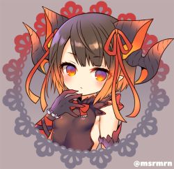 Rule 34 | 1girl, bad id, bad pixiv id, black gloves, blush, bow, bowtie, breasts, brown hair, brown shirt, dragon girl, dragon horns, elbow gloves, female focus, gloves, gradient hair, grey background, hair ribbon, horns, looking at viewer, meopun (meopen429), multicolored hair, myr (p&amp;d), orange hair, orange ribbon, parted lips, pointy ears, puzzle &amp; dragons, red bow, red bowtie, red eyes, ribbon, shirt, sleeveless, sleeveless shirt, small breasts, solo, twitter username