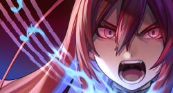 1girl blue_fire colored_inner_hair commentary double-parted_bangs eighth_note elizabeth_rose_bloodflame english_commentary fire gradient_background hololive hololive_english long_hair looking_at_viewer multicolored_hair musical_note musical_staff open_mouth portrait rakku_(rkrmz0n) red_eyes red_hair shouting solo teeth tongue two-tone_hair uvula v-shaped_eyebrows virtual_youtuber