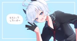 1girl :d black_gloves black_jacket black_shirt blue_archive blue_eyes breasts clothes_around_waist demon_girl demon_horns erika_(blue_archive) from_below gehenna_academy_logo gloves halo hand_up happy highres horns jacket jacket_around_waist leaning_forward looking_at_viewer looking_down necktie open_mouth red_necktie shirt short_hair small_breasts smile solo translation_request upper_body waving white_hair white_halo zonne=quael