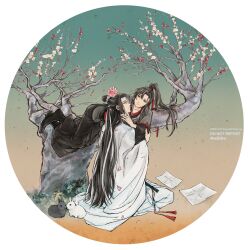 Rule 34 | 2boys, bishounen, black boots, black eyes, black hair, black hanfu, black rabbit (animal), boots, branch, chinese clothes, dated, english text, eye contact, flower, flute, flute tassel, full body, grass, hair ribbon, hand on another&#039;s head, hand on another&#039;s neck, hanfu, happy birthday, headband, high ponytail, highres, holding, holding another&#039;s arm, holding flower, in tree, instrument, lan wangji, long hair, long sleeves, looking at another, lying, male focus, modao zushi, multiple boys, on side, outdoors, paper, petals, pink flower, plum blossoms, ponytail, rabbit, red flower, red ribbon, ribbon, robe, round image, sidelocks, sitting, smile, tassel, topknot, tree, twitter username, very long hair, w2biiro, watermark, wei wuxian, white hanfu, white headband, white rabbit (animal), wide sleeves, xiao guan (headdress), yaoi