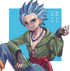 Rule 34 | 1boy, absurdres, arm on knee, bead necklace, beads, blue background, blue eyes, blue hair, blue pants, border, camus (dq11), cmyk, collarbone, commentary request, cross-laced clothes, dragon quest, dragon quest xi, earrings, fingerless gloves, gloves, gold earrings, green tunic, grey gloves, grin, highres, hoop earrings, jewelry, looking to the side, male focus, necklace, orange socks, pants, pekuchin (pekuchin 3), red sash, sash, short hair, sitting, smile, socks, spiked hair, tunic, white border