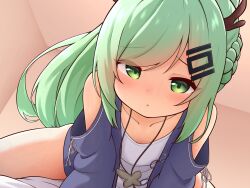 1girl absurdres an_shan_(azur_lane) an_shan_(setting_sun_hearts_as_one)_(azur_lane) azur_lane bare_shoulders blue_jacket blush braid brown_horns closed_mouth clothing_cutout collarbone commentary_request dragon_horns flat_chest green_eyes green_hair half_up_braid highres horns jacket jewelry leaning_forward long_hair long_sleeves looking_at_viewer necklace official_alternate_costume open_clothes open_jacket ponytail shirt shoboimu shoulder_cutout solo swept_bangs variant_set white_shirt