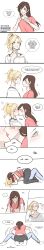 absurdres black_pants blue_eyes blue_pants blush brown_hair comic d.va_(overwatch) english_text facial_hair female_focus french_kiss girl_on_top highres kiss kneeling legs_apart long_hair mercy_(overwatch) overwatch overwatch_1 pants pink_shirt ponytail saliva shirt socks white_shirt yuri