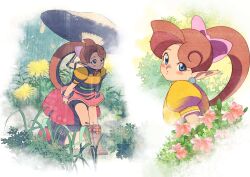 Rule 34 | 1girl, azalea (flower), blue eyes, blush, boots, bow, bracelet, brown boots, brown hair, commentary request, dandelion, flower, footwear flower, grass, hair bow, highres, jewelry, knee boots, lip (panel de pon), long hair, looking at viewer, looking to the side, looking up, mini person, minigirl, multiple views, mushroom, nature, on mushroom, panel de pon, parted lips, pink bow, pink flower, pink skirt, plant, pointy ears, ponytail, puffy short sleeves, puffy sleeves, rain, shimadai587779, shirt, short sleeves, sitting, skirt, solo, taking shelter, yellow flower, yellow shirt