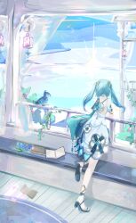 1girl absurdres against_railing aqua_cape aqua_hair bench bird blue_bird blue_sky book cape commentary_request curtains dress facing_away faruzan_(genshin_impact) full_body genshin_impact highres indoors lamp luta_(luta_1013) ocean open_book railing sandals signature sky solo twintails twitter_username watermark white_dress
