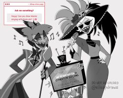 Rule 34 | 1girl, 2boys, :d, alastor (hazbin hotel), anger vein, animal ears, black eyes, bow, bowtie, cane, cowboy shot, deer ears, elleapdraws, english text, fingernails, hat, hazbin hotel, holding, holding cane, jacket, leaning forward, long sleeves, looking at another, monocle, multiple boys, musical note, open mouth, rope, rosie (hazbin hotel), sharp fingernails, sharp teeth, short hair, skull ornament, smile, striped clothes, striped jacket, teeth, valentino (hazbin hotel)