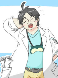 Rule 34 | 1boy, absurdres, arm behind head, beard stubble, belt, black hair, blue shirt, blush, brown belt, brown pants, clipboard, closed eyes, coat, commentary request, eye cover, facial hair, facing viewer, flying sweatdrops, highres, lab coat, male focus, professor neroli, nintendo, pants, pokemon, pokemon sleep, shirt, siokun dayoo, stubble, sweatdrop, white coat
