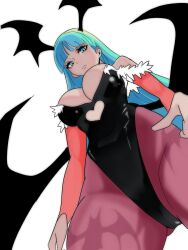 1girl animal_print bat_print black_leotard breasts cleavage cowboy_shot darkstalkers demon_horns demon_wings from_below green_eyes green_hair grey_background head_wings highres horns leotard long_hair looking_at_viewer low_wings meke_(77842928) morrigan_aensland multiple_wings pantyhose print_pantyhose purple_pantyhose simple_background solo wings