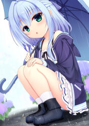 1girl :o bare_shoulders black_hoodie black_shoes blue_hair blue_panties blue_umbrella blurry blurry_background blush cameltoe collarbone commentary cross-laced_shoes dutch_angle eyes_visible_through_hair flower full_body green_eyes hair_between_eyes hair_intakes half_updo hamidashi_creative hand_on_own_knee highres holding holding_umbrella hood hood_down hoodie hydrangea looking_at_viewer medium_hair miniskirt nanatsu_(na_na_tsu) nishiki_asumi outdoors panties panty_peek pleated_skirt purple_flower rain shoes sidelocks skirt sleeves_past_wrists socks solo squatting thighs umbrella under_umbrella underwear water_drop white_skirt white_socks