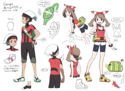 00s 1boy 1girl 2013 2024_pokemon_teraleak :/ animal_focus bandana breasts brendan_(pokemon) brendan_(pokemon_oras) brown_eyes brown_hair concept_art dated dress full_body happy hat highres holding holding_poke_ball may_(pokemon) may_(pokemon_oras) medium_hair multiple_views nintendo official_art ohmura_yusuke open_mouth poke_ball poke_ball_(basic) pokemon pokemon_oras production_art reference_sheet scan short_hair smile translation_request turnaround white_background