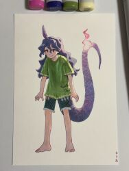 1girl art_tools_in_frame barefoot closed_mouth clothes_writing commentary full_body green_shirt green_shorts hair_between_eyes highres horns long_hair long_tail looking_at_viewer marker marker_(medium) pointy_ears purple_eyes purple_hair purple_tail shiratama_(hockey) shirt short_sleeves shorts signature single_horn smile solo standing t-shirt tail tenkajin_chiyari test_tube touhou traditional_media wavy_hair white_background