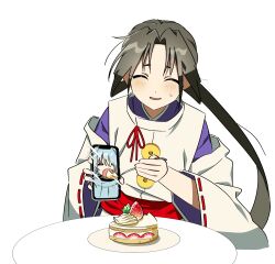 2boys anachronism black_hair blue_hair blush bow cake cellphone closed_eyes contemporary curtained_hair dot_nose floating_hair food fubuki_(nige_jouzu_no_wakagimi) hair_between_eyes hair_over_one_eye happy highres holding holding_phone holding_spoon houjou_tokiyuki_(nige_jouzu_no_wakagimi) japanese_clothes kariginu light_blue_hair long_hair long_sleeves male_focus messy_hair multiple_boys nige_jouzu_no_wakagimi nigewaka_whobu one_eye_covered open_mouth parted_bangs phone ponytail raised_eyebrows red_sash ribbon-trimmed_sleeves ribbon_trim sash sidelocks_tied_back simple_background smartphone smile sparkle spoon strawberry_shortcake sweatdrop table very_long_hair whipped_cream white_background wide_sleeves