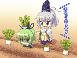 2girls anger_vein buried daikon dress female_focus garden green_dress green_eyes green_hair grey_eyes hat japanese_clothes mononobe_no_futo multiple_girls open_mouth ponytail radish scowl shaded_face shimada_(simada_bu) sitting skirt smile soga_no_tojiko sparkle tate_eboshi touhou translation_request wide_sleeves