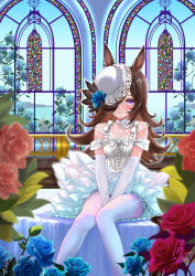 1girl absurdres alternate_costume black_hair blush breasts church collarbone detached_sleeves dress flower hair_flower hair_ornament hair_over_one_eye hat highres horse_girl looking_at_viewer miki_lutecia pantyhose plant purple_eyes rice_shower_(umamusume) sitting smile umamusume wedding wedding_dress window