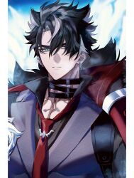 1boy bandaged_neck bandages black_hair black_shirt blue_eyes blue_sky closed_mouth cloud cloudy_sky coat coat_on_shoulders collared_shirt commentary day domo_(domo_kizusuki) ear_piercing earrings facial_scar frown fur-trimmed_coat fur_trim genshin_impact grey_hair grey_vest hair_between_eyes highres jewelry lapels looking_at_viewer male_focus multicolored_hair necktie outdoors parted_bangs piercing pillarboxed red_necktie scar scar_on_cheek scar_on_face scar_on_neck serious shirt short_hair sky solo split_mouth streaked_hair stud_earrings symbol-only_commentary upper_body v-shaped_eyebrows vest wriothesley_(genshin_impact)