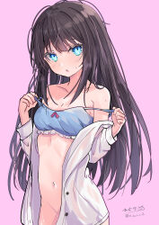 Rule 34 | 1girl, absurdres, asashio (kancolle), asashio kai ni (kancolle), bare shoulders, black hair, blue bra, blue eyes, blush, bottomless, bra, breasts, dress shirt, highres, hizaka, kantai collection, looking at viewer, navel, open clothes, open mouth, open shirt, shirt, small breasts, solo, strap pull, underwear