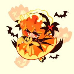 1girl bat_(animal) black_bow black_hairband black_shirt black_shoes bob_cut bow bubble_skirt chinese_commentary closed_mouth commentary_request cookie_run cookie_run:_kingdom dark-skinned_female dark_skin double-parted_bangs frilled_hairband frills from_above full_body hair_between_eyes hairband holding holding_stuffed_toy jizhuileikunchong_(71902877) juliet_sleeves long_sleeves looking_at_object mary_janes medium_skirt no_pupils orange_eyes orange_hair orange_pantyhose orange_skirt pantyhose pompon_(cookie_run) puffy_sleeves pumpkin_pie_cookie shirt shoes short_hair simple_background skirt smile solo standing striped_clothes striped_pantyhose stuffed_animal stuffed_toy two-tone_pantyhose yellow_background yellow_pantyhose