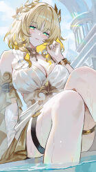 1girl absurdres aglaea_(honkai:_star_rail) bare_shoulders blonde_hair blush breasts cleavage closed_mouth dress from_below gold_choker green_eyes hair_between_eyes head_wreath highres holding holding_own_hair honkai:_star_rail honkai_(series) large_breasts long_hair looking_at_viewer maria_(maria_rose) partially_submerged sidelocks skirt smile solo thigh_strap white_dress yellow_skirt
