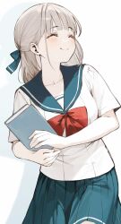 1girl ^_^ blue_ribbon blue_sailor_collar blue_skirt blush book bow bowtie brown_hair closed_eyes closed_mouth collarbone commentary_request cowboy_shot facing_ahead hair_ribbon highres holding holding_book kinty original pleated_skirt red_bow red_bowtie ribbon sailor_collar sailor_shirt school_uniform serafuku shadow shirt short_sleeves simple_background skirt smile solo white_background white_shirt
