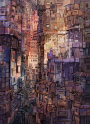 1girl blue_eyes building cable cat chibi city cityscape female_focus hood hoodie industrial_pipe looking_up original scenery short_hair sitting solo sonidoriy white_hair window