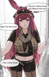 1girl absurdres animal_ears arknights black_necktie english_text gongbangmanchi_(daisy_cutter) highres long_hair multicolored_hair navel necktie pink_hair pov purple_eyes rabbit_ears rabbit_girl ray_(arknights) solo speech_bubble streaked_hair
