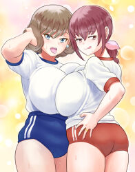 2girls arm_up ass blue_eyes blue_shorts blush bob_cut breast_press breasts brown_hair buruma delicious_party_precure earrings from_behind gym_shirt gym_shorts gym_uniform hair_ribbon hand_on_own_hip hoshizora_ikuyo huge_breasts jewelry licking_lips looking_back mature_female medium_hair miyabi_n multiple_girls open_mouth ponytail precure red_eyes red_hair red_shorts ribbon ring shinada_an shirt shirt_tucked_in short_hair short_shorts shorts smile smile_precure! standing sweat symmetrical_docking t-shirt tongue tongue_out wedding_band wedding_ring white_shirt
